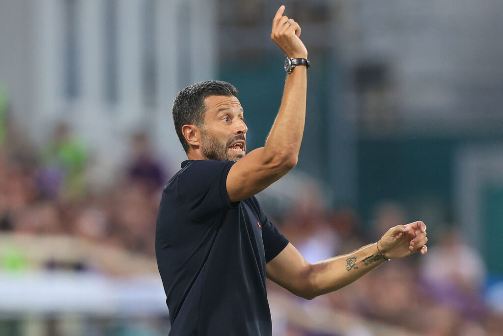 FLORENCE, ITALY - AUGUST 29: Head coach Fabio Grosso of ACF Fiorentina reacts during the Serie A match between ACF Fiorentina and Frosinone Calcio at Stadio Artemio Franchi on August 29, 2026 in Florence, Italy. (Photo by Gabriele Maltinti/Getty Images)