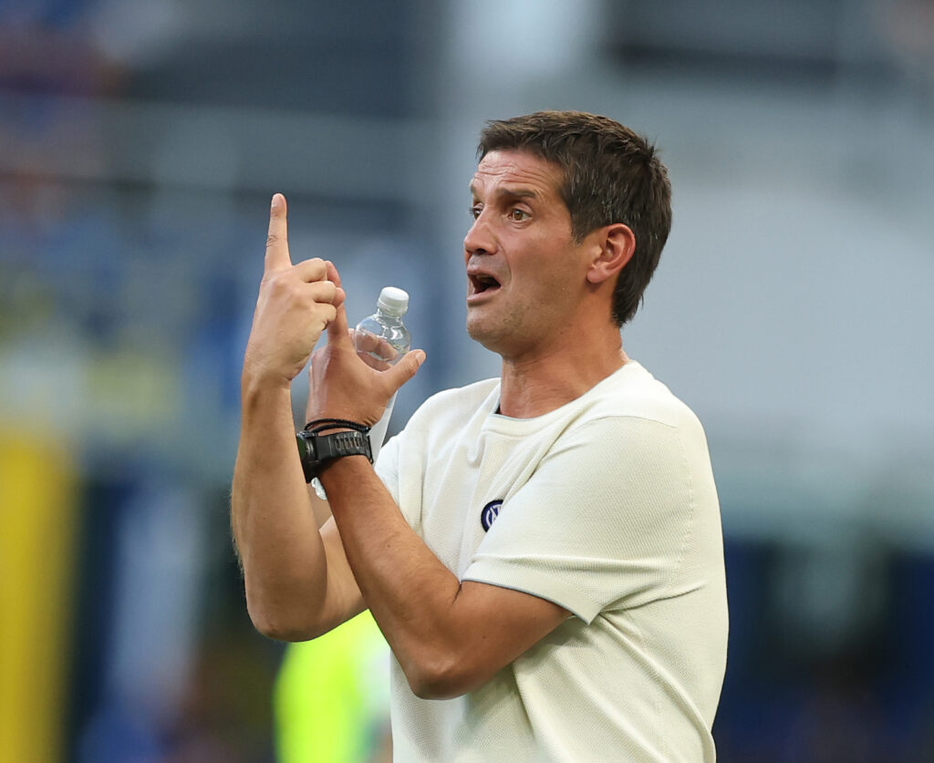 MILAN, ITALY - AUGUST 22: Cristian Chivu, Head Coach of Internazionale reacts during the Serie A match between FC Internazionale and AC Monza at Stadio Giuseppe Meazza on August 22, 2026 in Milan, Italy. (Photo by Claudio Villa/Getty Images)
